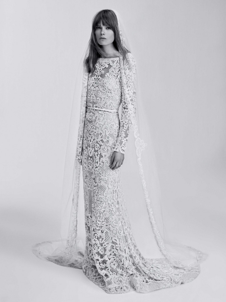 Sacks Productions_Favorite Looks_Long mermaid lace dress fully embroidered with sequins, pearls, and beads with long sleeves, boat neck, and deep V open back by Elie Saab.